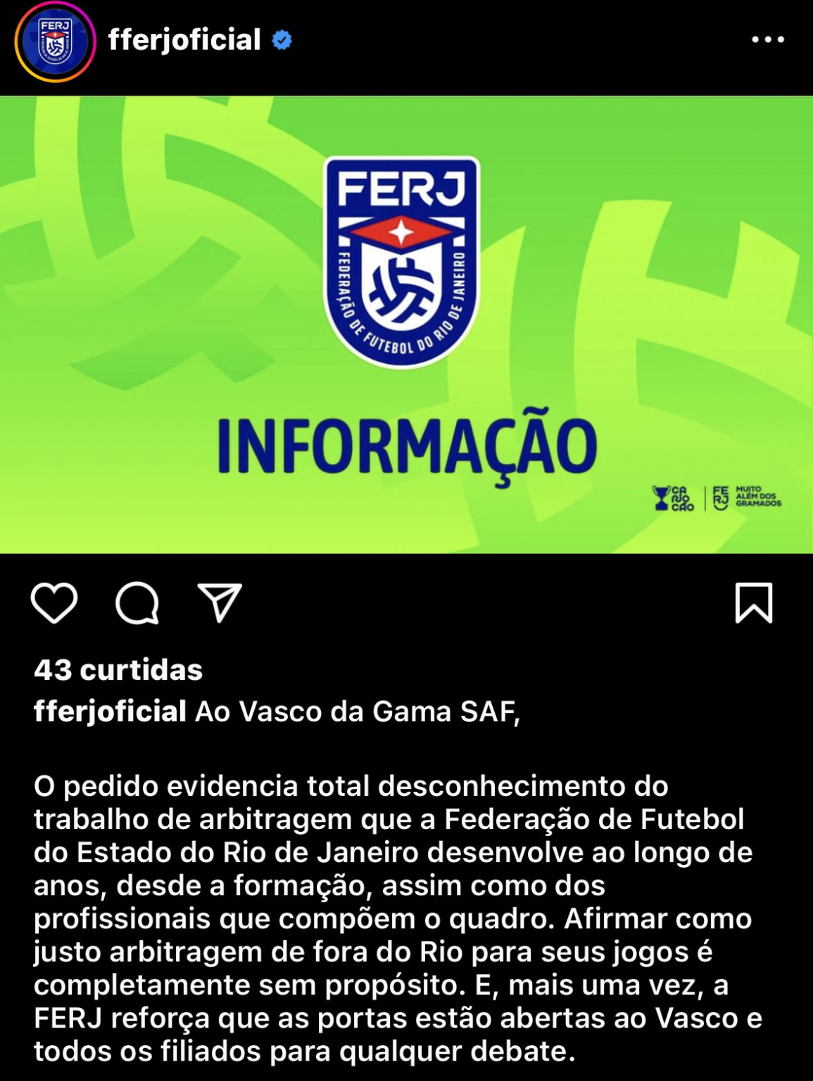 Ferj Rebate Nota Do Vasco SAF Sobre Arbitragem Completamente Sem