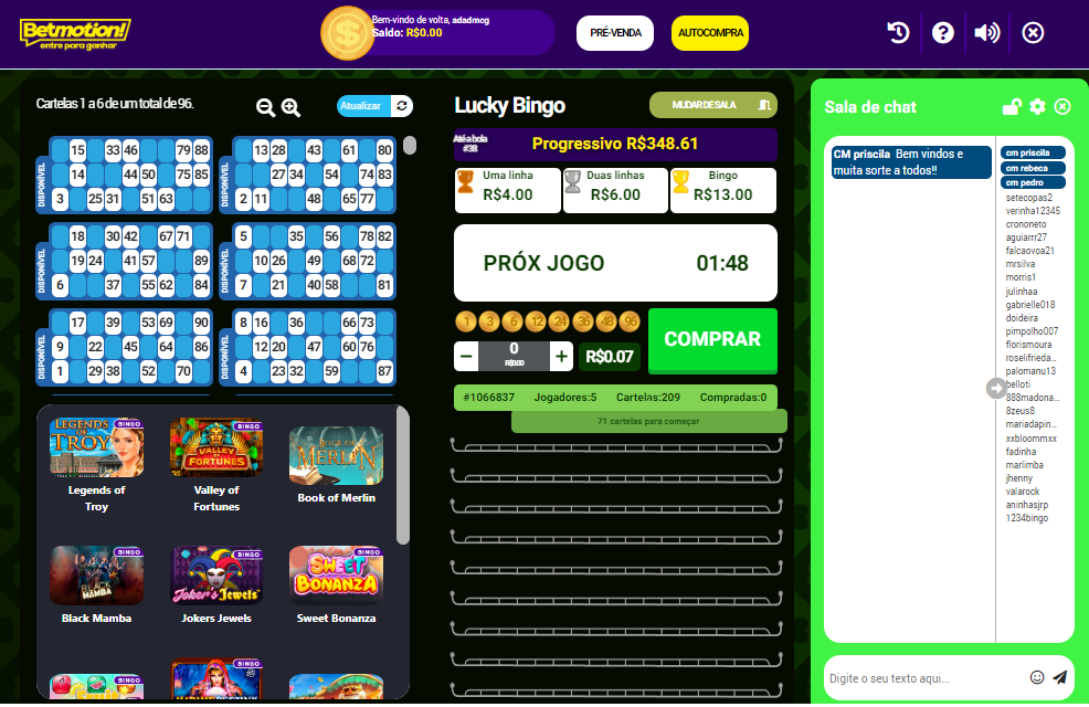 funcionamento de uma sala de bingo ao vivo na betmotion