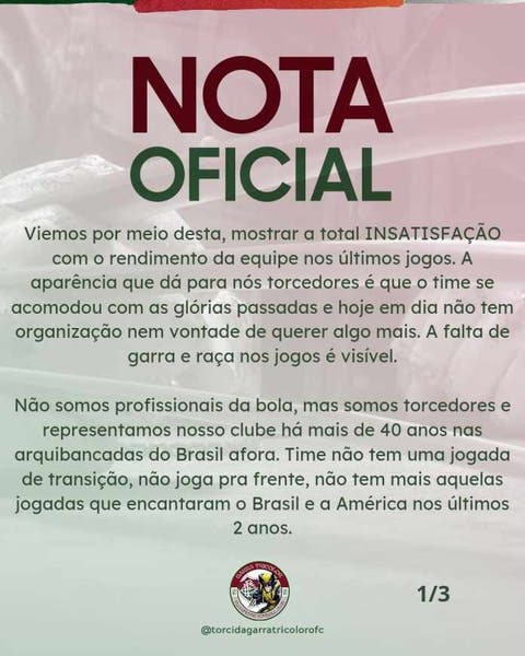 Em nota oficial, organizada protesta contra momento do Fluminense