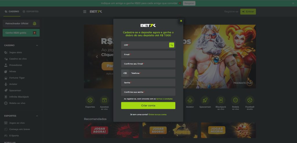 tela de cadastro cassino bet7k